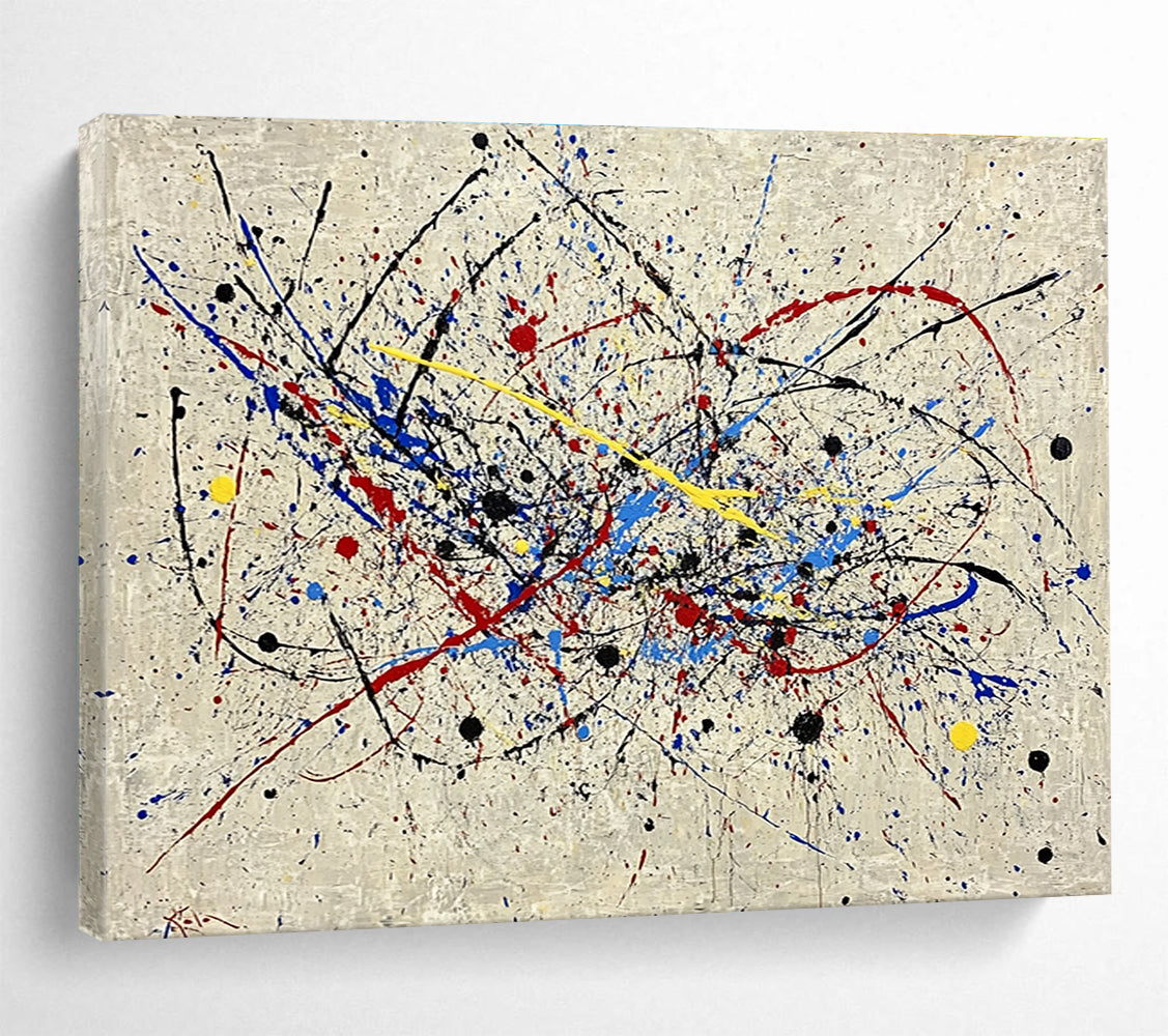 Hand-Painted Multicolor (Red, Blue, Yellow, Black) Splatter Abstract Acrylic Painting HPS251