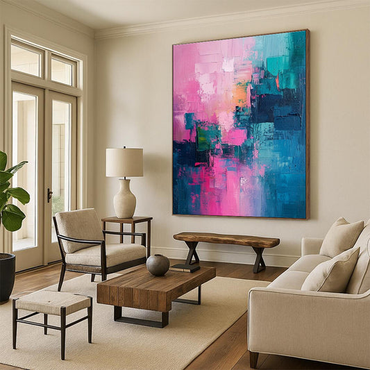 Cool Abstract Paintings Pink, Teal, and Blue Geometric Abstract Art PT656