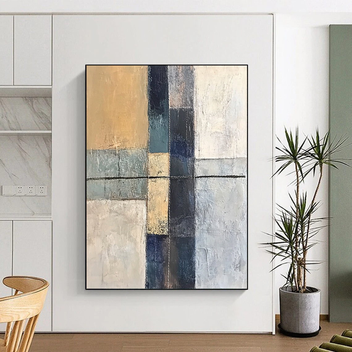 Big Abstract Painting On Canvas, Beige Blue Gray Abstract Geometric Art On Canvas PT153