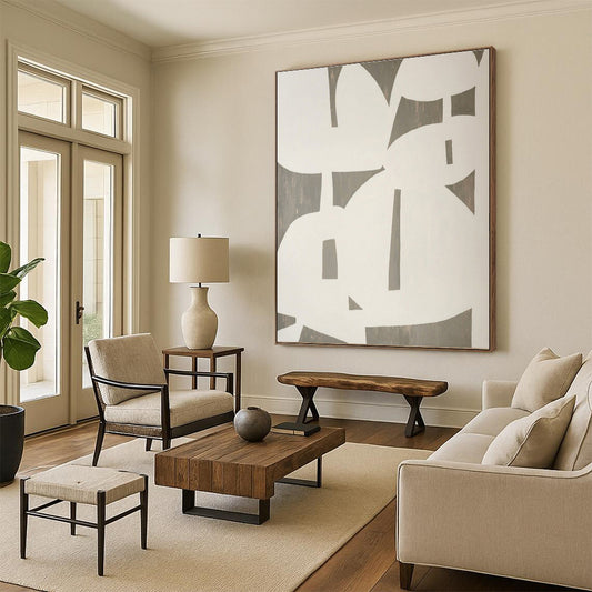 Large Contemporary Wall Art White and Gray Geometric Abstract Art PT639