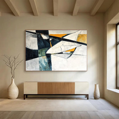 Gaint Canvas Art Black, White, Orange, and Teal Geometric Abstract Painting HPS312