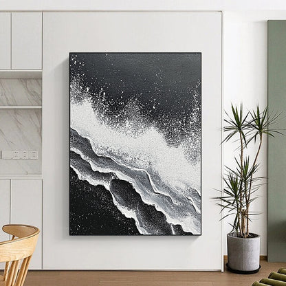 Wall Decor Abstract Paintings Large, Black White Abstract Textured Wave Art PT176