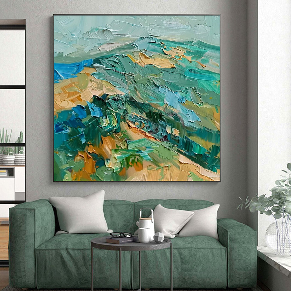 Handmade Art Teal, Green, and Beige Textured Landscape Abstract Art PT790