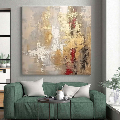 Hand Painting Gold, Gray, and Red Textured Abstract Art PT661