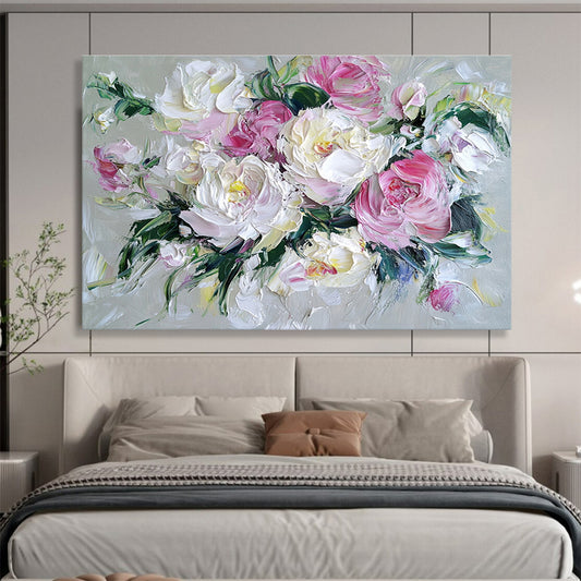 Hand-Painted Pink and White Peony Floral Textured Oil Painting HPS321