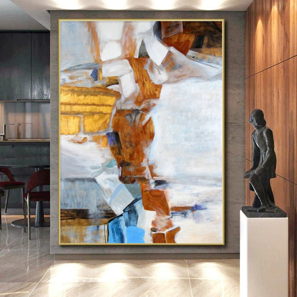 Hand Painted Art with Brown, White, and Blue Geometric Abstract Shapes, Large Contemporary Wall Art PT003