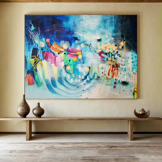 Large Size Blue and Multicolor Whimsical Abstract Art HPS334