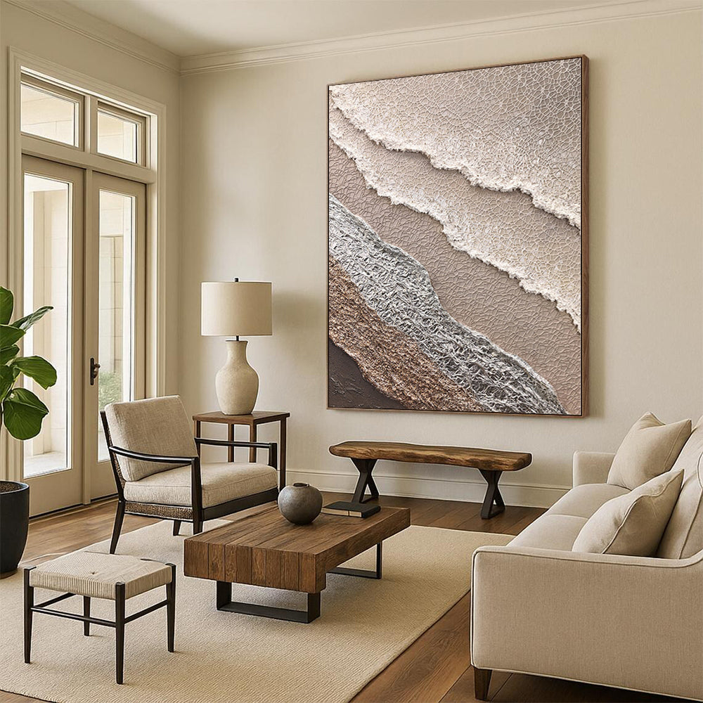 Handmade Art with Layered Beige, Gray, and Brown Textures, Oversized Abstract Wall Art PT009