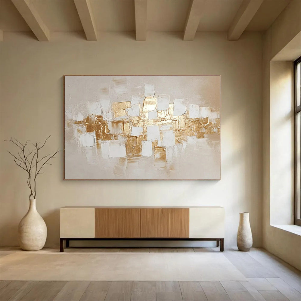 Gaint Canvas Art Gold and White Textured Abstract Geometric Art HPS352