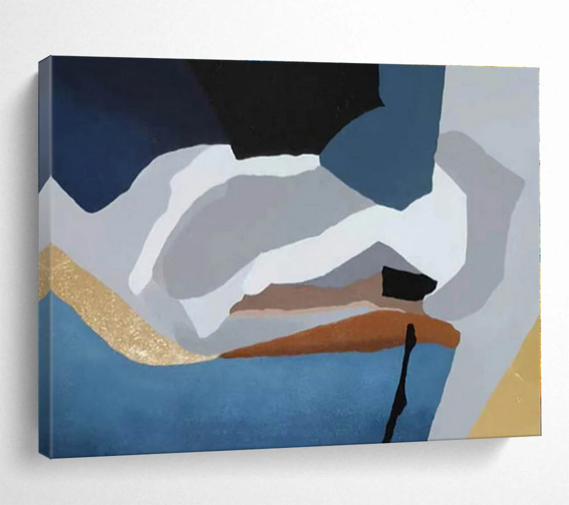 Unique Abstract Art Blue, Gray, Orange & Gold Geometric Abstract On Canvas HPS059