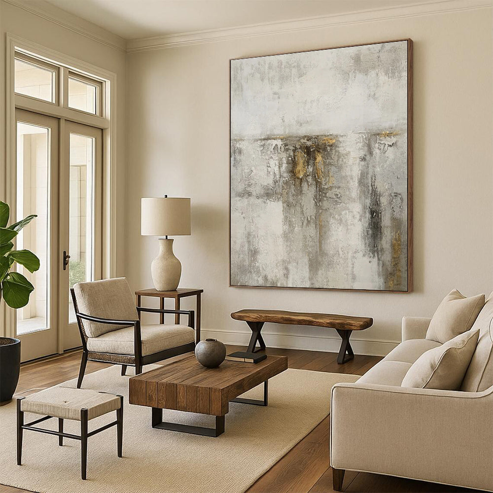 Large Painting In Living Room Gray Beige Gold Textured Abstract Art PT418