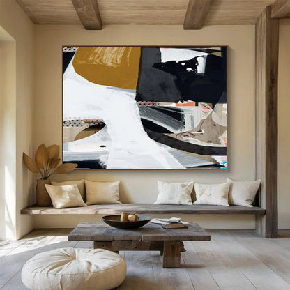 Large Contemporary Wall Art Black, White & Gold Abstract Collage Art HPS216