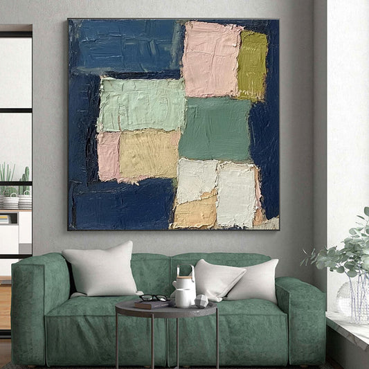 Handmade Art with Navy, Pink, Green, and Beige Textured Blocks, Paintings For House PT205