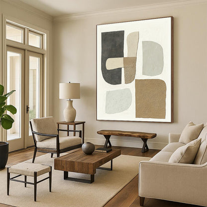 Wall Decor Abstract Paintings Large With Beige, Gray, Brown Geometric Shapes On Canvas PT186