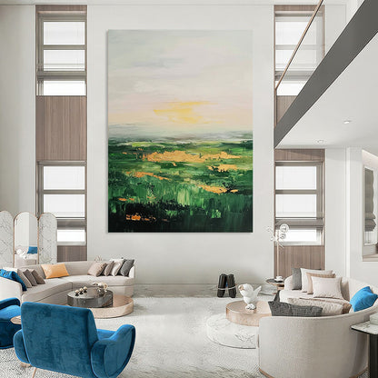 Large Contemporary Wall Art Green, Gold, and Gray Abstract Landscape Painting DPS436
