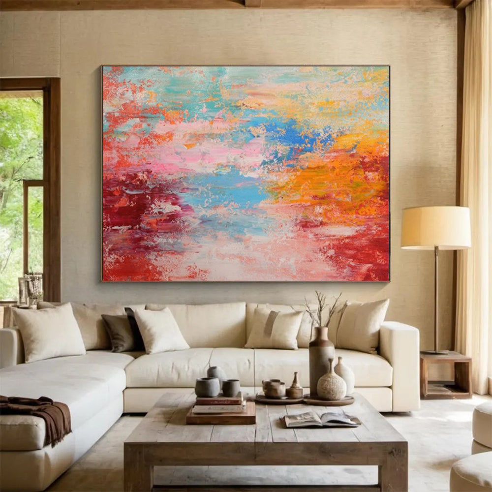 Hand Painted Art Colorful Red, Orange, Pink, and Blue Abstract Acrylic Painting PT283