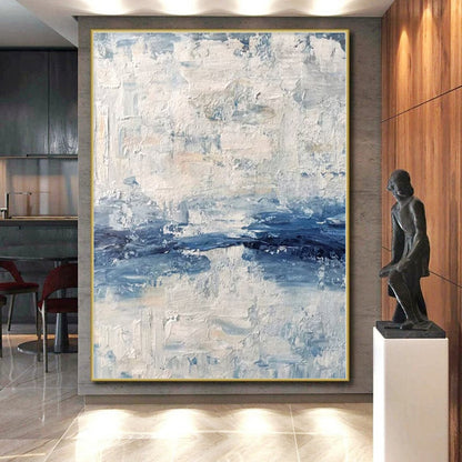 Hand Painted Art Blue & White Textured Abstract Painting On Canvas PT093