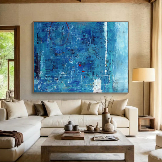 Hand-Painted Blue and Red Textured Abstract Art PT824