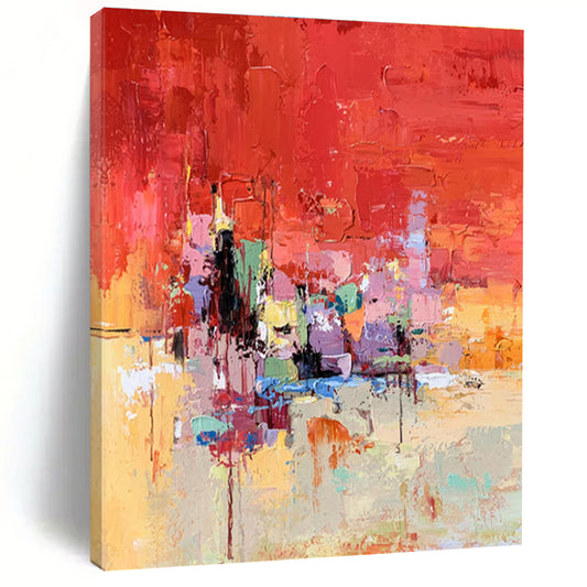 Hand-Painted Red Multicolor Textured Abstract City Art PT387