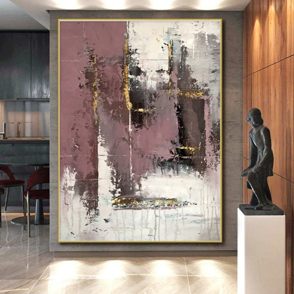 Hand Painted Art Pink Gray Gold Textured Abstract Art PT421