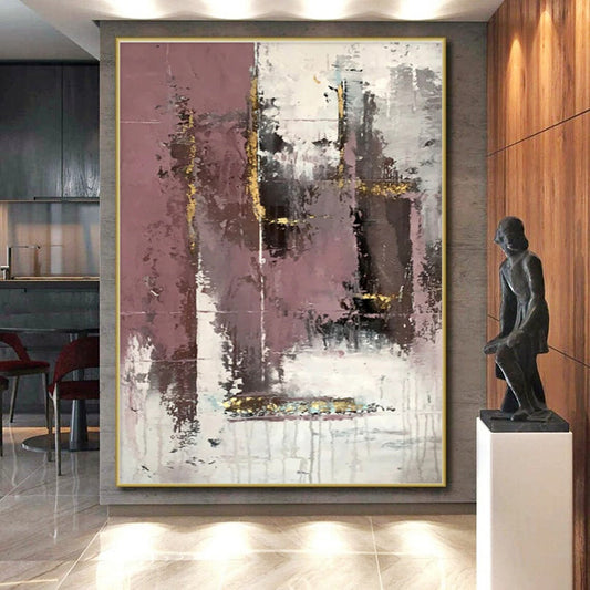 Hand Painted Art Pink Gray Gold Textured Abstract Art PT421