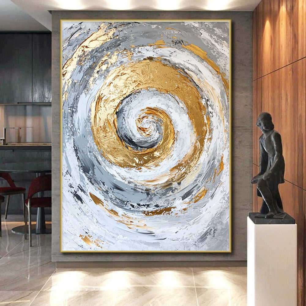Affordable Large Abstract Wall Art, Gray White Gold Spiral Abstract Art PT138
