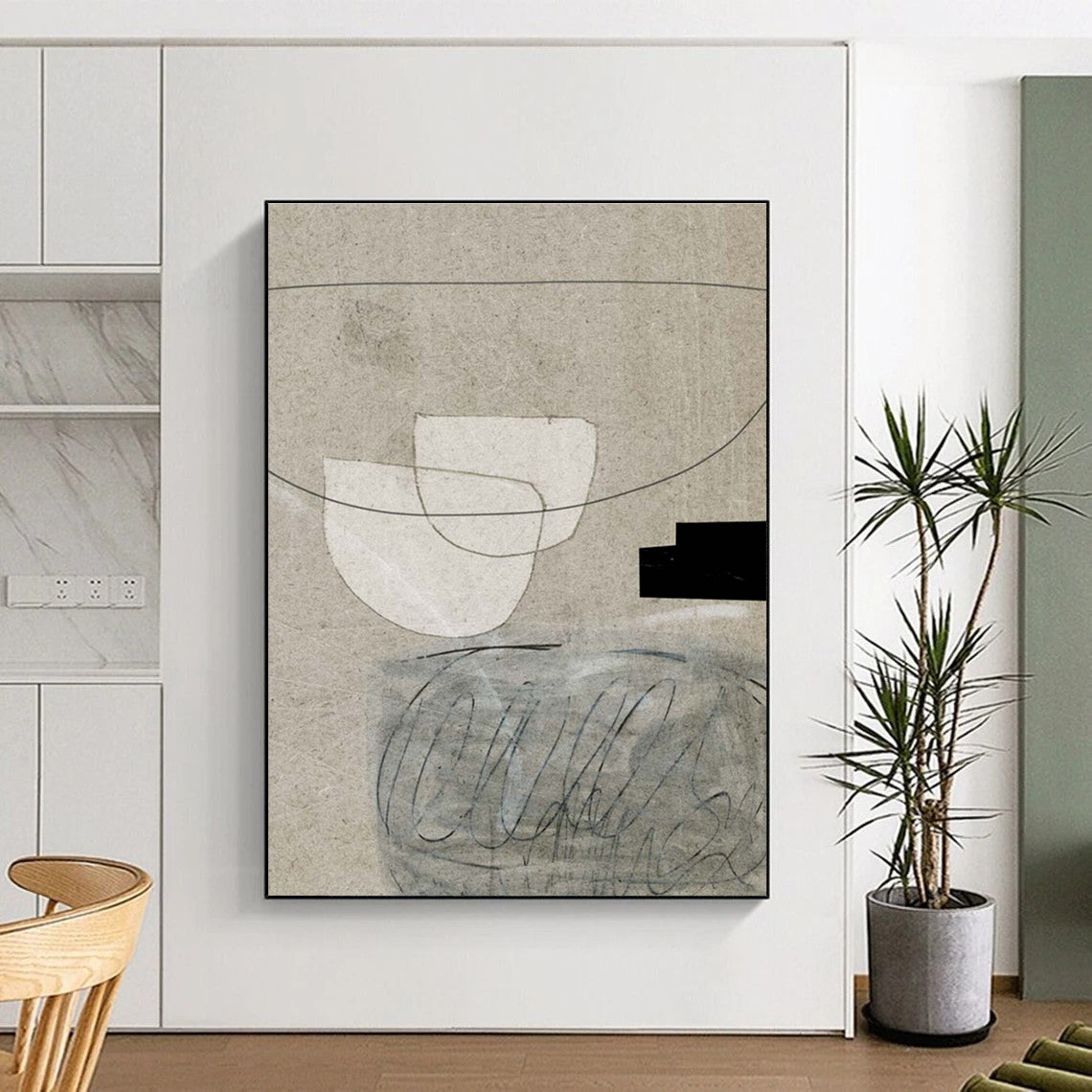 Minimalist Canvas Art in Beige, White, and Black Abstract Geometric Shapes PT242