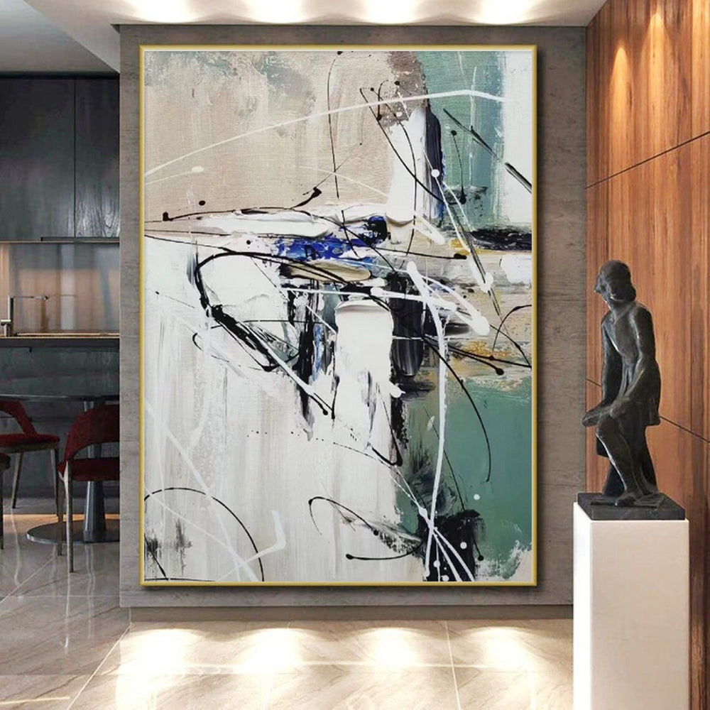 Acrylic Modern Art Paintings Black White Blue Dynamic Abstract Line Art PT343