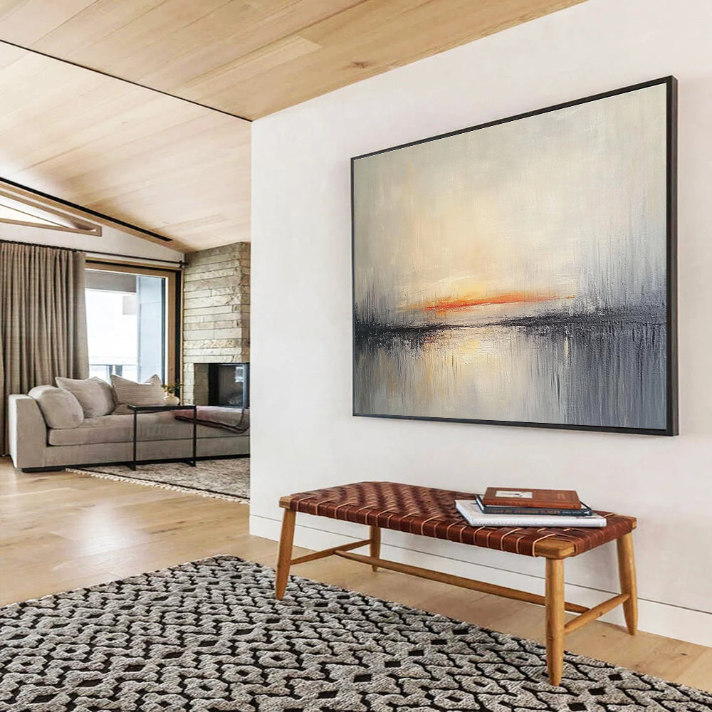 Minimalist Canvas Art Gray, Orange & White Textured Landscape Abstract Painting HPS272