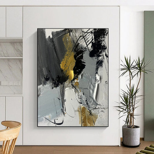 Large Size Gray Black Gold Abstract Expressionist Acrylic Painting PT466