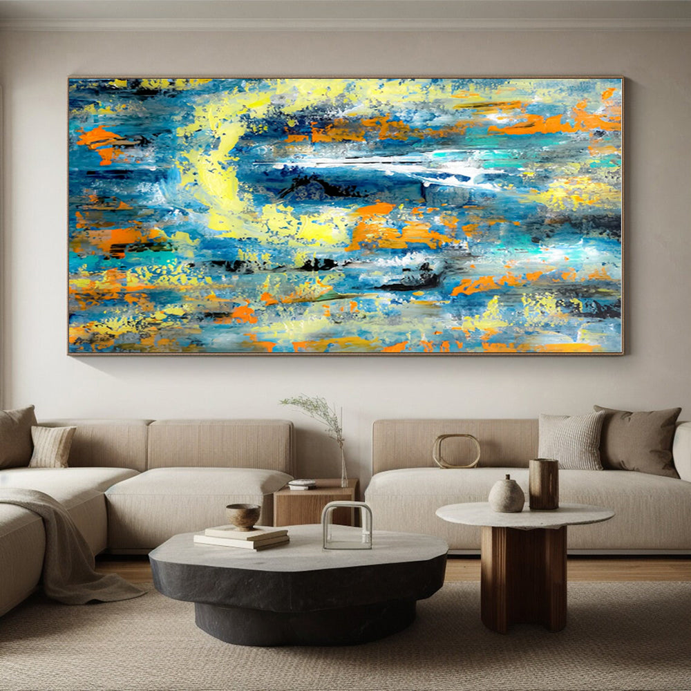 Modern Art Acrylic Blue, Yellow, and Orange Textured Abstract Art PT729