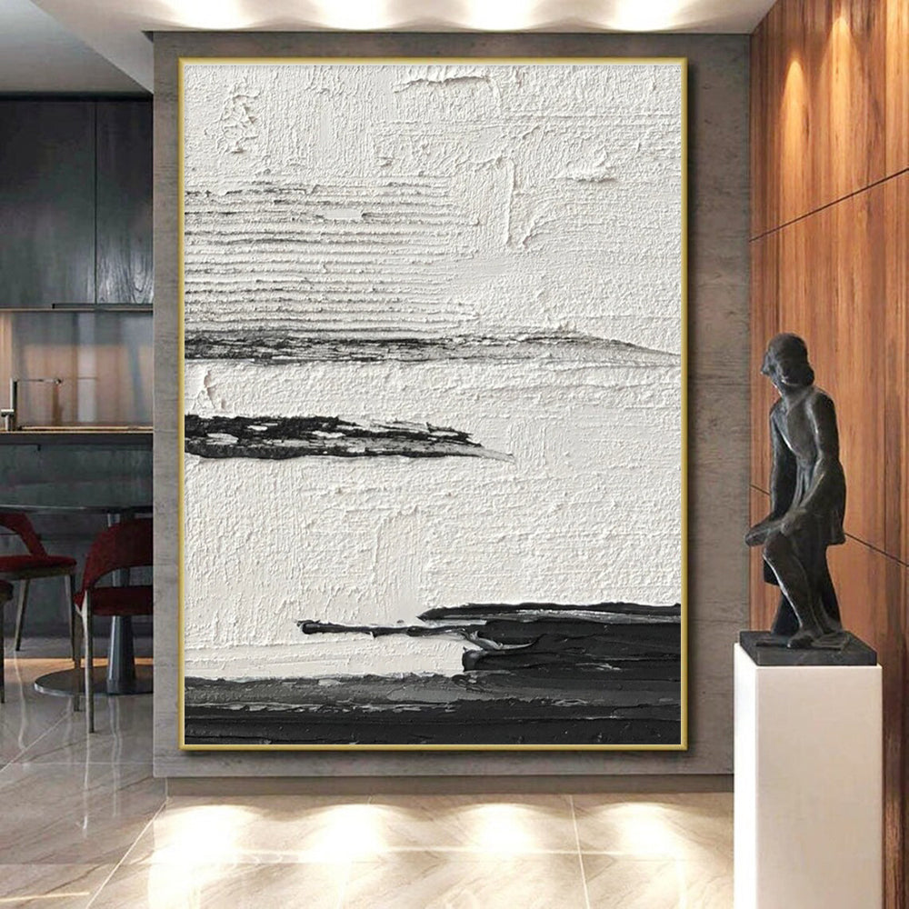 Hand-Painted Black and White Textural Abstract Landscape Painting PT268