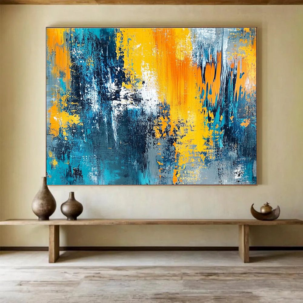 Hand-Painted Teal, Yellow, Orange & Gray Dynamic Abstract Painting HPS267