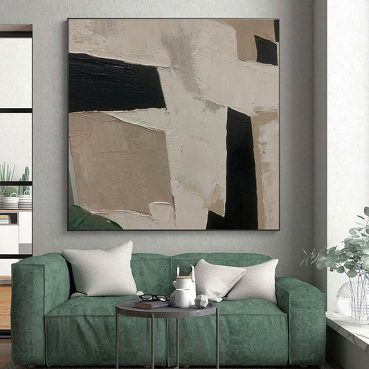 Large Contemporary Wall Art in Black, Beige, and White Geometric Textures, Handmade Art PT306