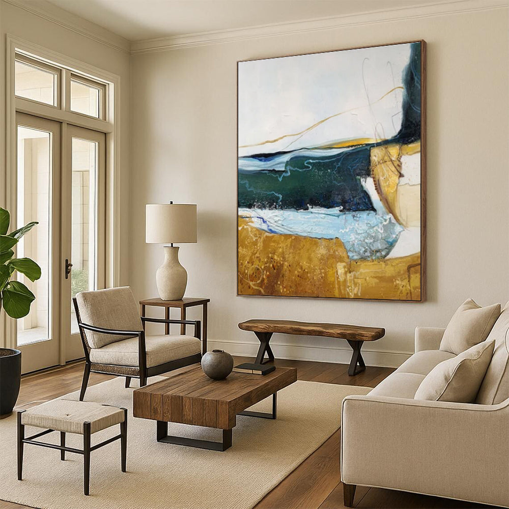 Hand Painting Blue, Green, and Gold Textured Landscape Abstract Art PT811