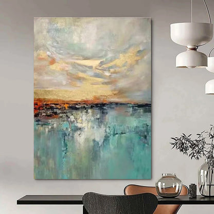 Hand-Painted Teal, Gold, and Gray Abstract Seaside Sunset Art DPS466