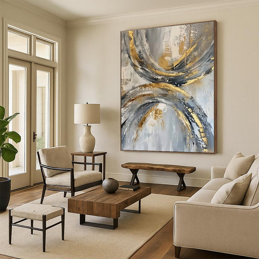 Oversized Abstract Wall Art Gold, Gray, and White Circular Abstract Art PT737