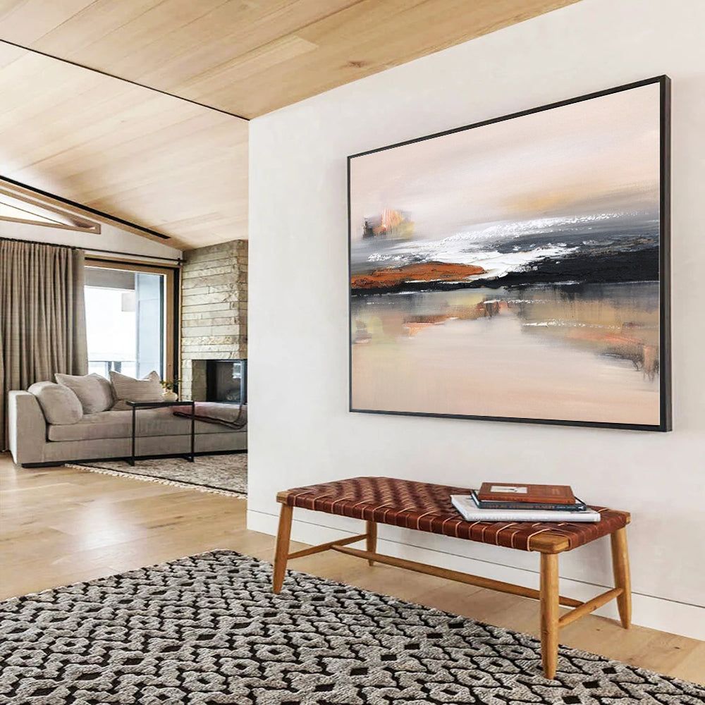 Large Painting In Living Room Beige, Black & White Abstract Coastal Art HPS157