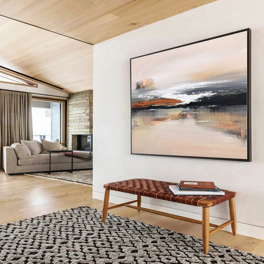 Large Painting In Living Room Beige, Black & White Abstract Coastal Art HPS157