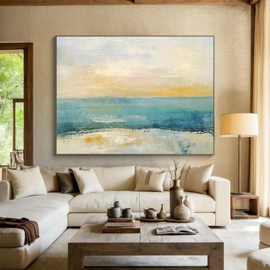 Hand Painted Art Blue, Yellow & White Textured Coastal Abstract Painting HPS273