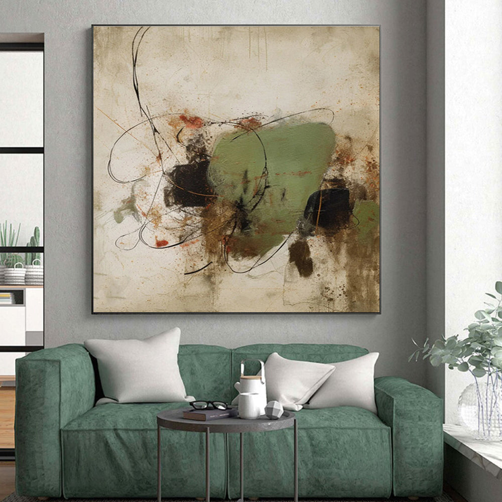 Large Contemporary Wall Art Green Brown Black Line Abstract Art PT500