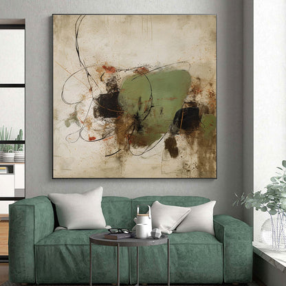 Large Contemporary Wall Art Green Brown Black Line Abstract Art PT500