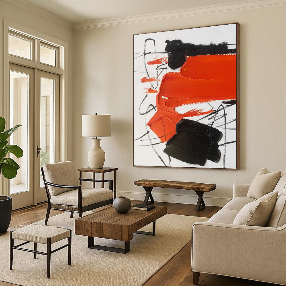 Oversized Abstract Wall Art Orange Black White Abstract Expressionist Art PT477