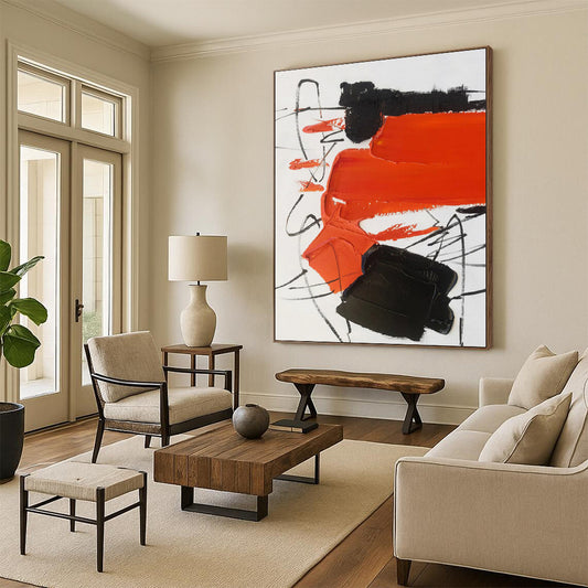 Oversized Abstract Wall Art Orange Black White Abstract Expressionist Art PT477