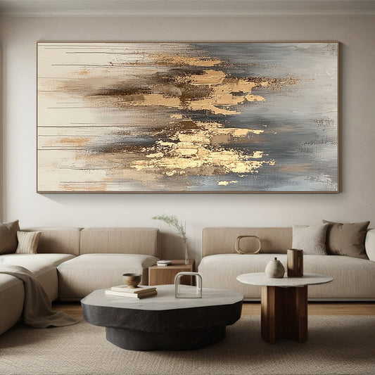 Large Abstract Painting For Living Room, Gold Gray Beige Abstract Textured Art PT170