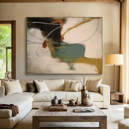 Unique Abstract Art in Black, White, Brown, Teal, and Orange Abstract Shapes and Lines Painting PT266