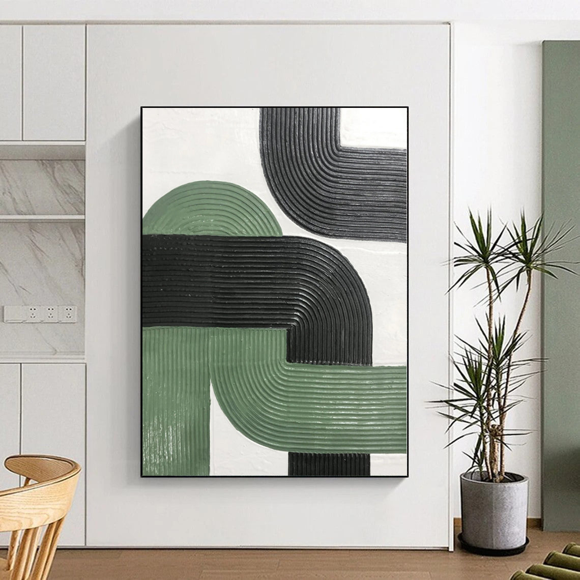 Hand Painted Art Green & Black Textured Geometric Abstract Painting On Canvas PT033
