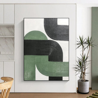 Hand Painted Art Green & Black Textured Geometric Abstract Painting On Canvas PT033
