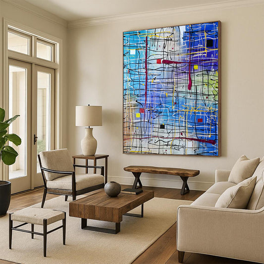 Modern Art Acrylic Blue & Multicolor Textured Abstract Painting On Canvas PT099