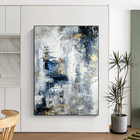 Handmade Art Blue, Gray, and Gold Textured Abstract Art PT770